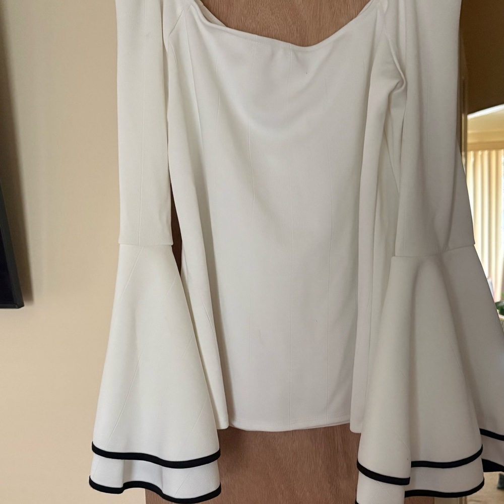 Bar III White Off-Shoulder Top with Dramatic Bell Sleeves